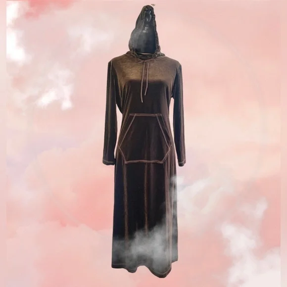 Vintage long sleeve velour dress with kangaroo pocket + drawstring hoodie - Picture 13 of 13